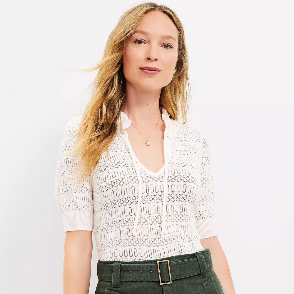 LOFT Pointelle Tie Neck Sweater Tee size MEDIUM, off white color